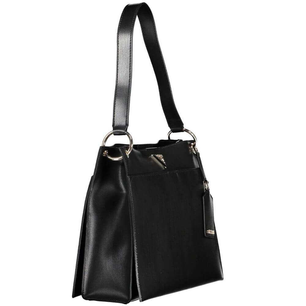 Guess Jeans Black Polyethylene Handbag with snap closure, shoulder handle, external pockets, and contrasting details.