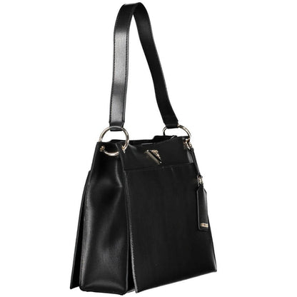 Guess Jeans Black Polyethylene Handbag with snap closure, shoulder handle, external pockets, and contrasting details.