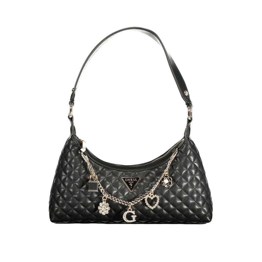 Guess Jeans Black Polyethylene Women Handbag with chain detail and quilted design.