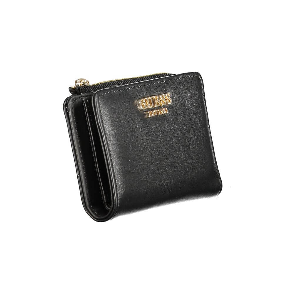 Guess Jeans Black Polyethylene Women Wallet with zip closure, featuring gold logo on front.
