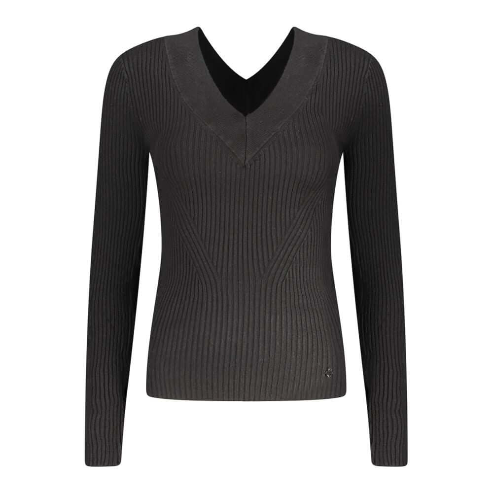 Guess Jeans Black Viscose Sweater with V-neck and contrasting details, long sleeves, featuring logo design.