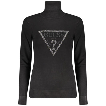 Guess Jeans Black Viscose Women Sweater with rhinestone logo on front, elegant turtleneck design, offering chic glamour and comfort.