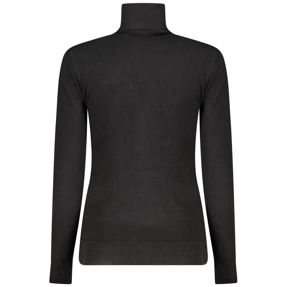 Back view of Guess Jeans Black Viscose Women Sweater with turtleneck design, featuring chic embroidery and rhinestone details.