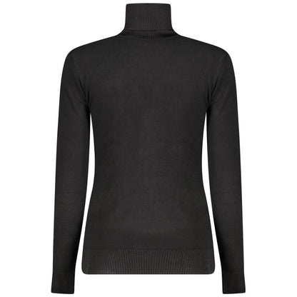 Back view of Guess Jeans Black Viscose Women Sweater with turtleneck design, featuring chic embroidery and rhinestone details.