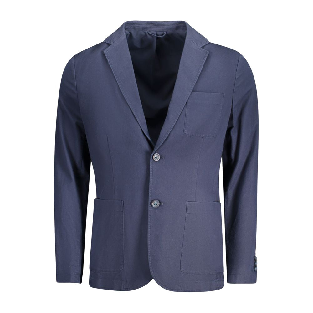 Guess Jeans Blue Cotton Men Jacket featuring long sleeves and multiple pockets for versatile fashion and functionality.