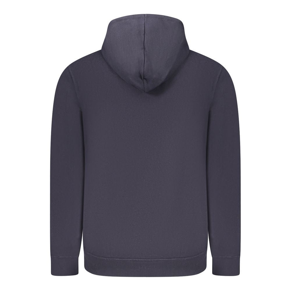 Back view of Guess Jeans Blue Cotton Men Sweater with hood, featuring long sleeves and a sleek design.