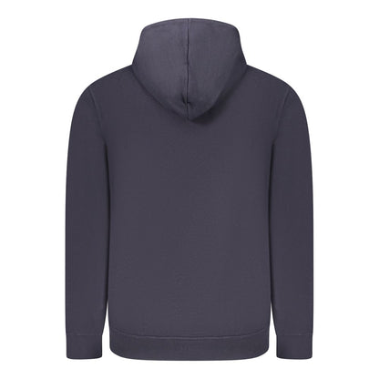 Back view of Guess Jeans Blue Cotton Men Sweater with hood, featuring long sleeves and a sleek design.