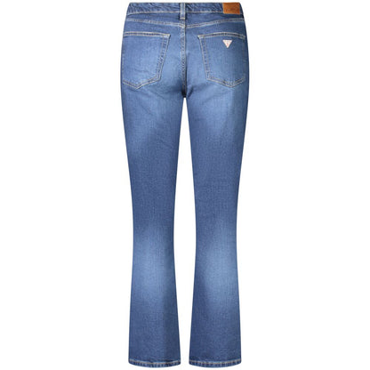 Back view of Guess Jeans Blue Cotton Women's Straight Jean with classic fit and iconic logo, showcasing five-pocket design and zip closure.