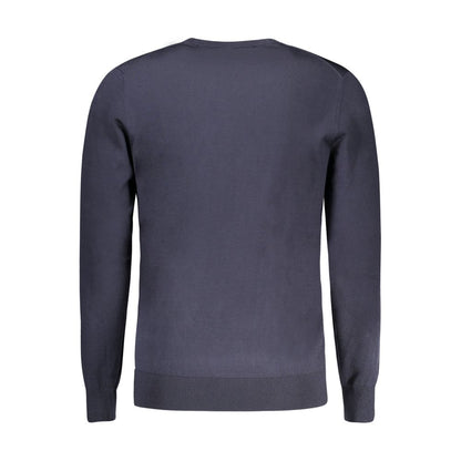 Back view of Guess Jeans Blue Viscose Sweater, long-sleeved, crew neck, featuring logo application.