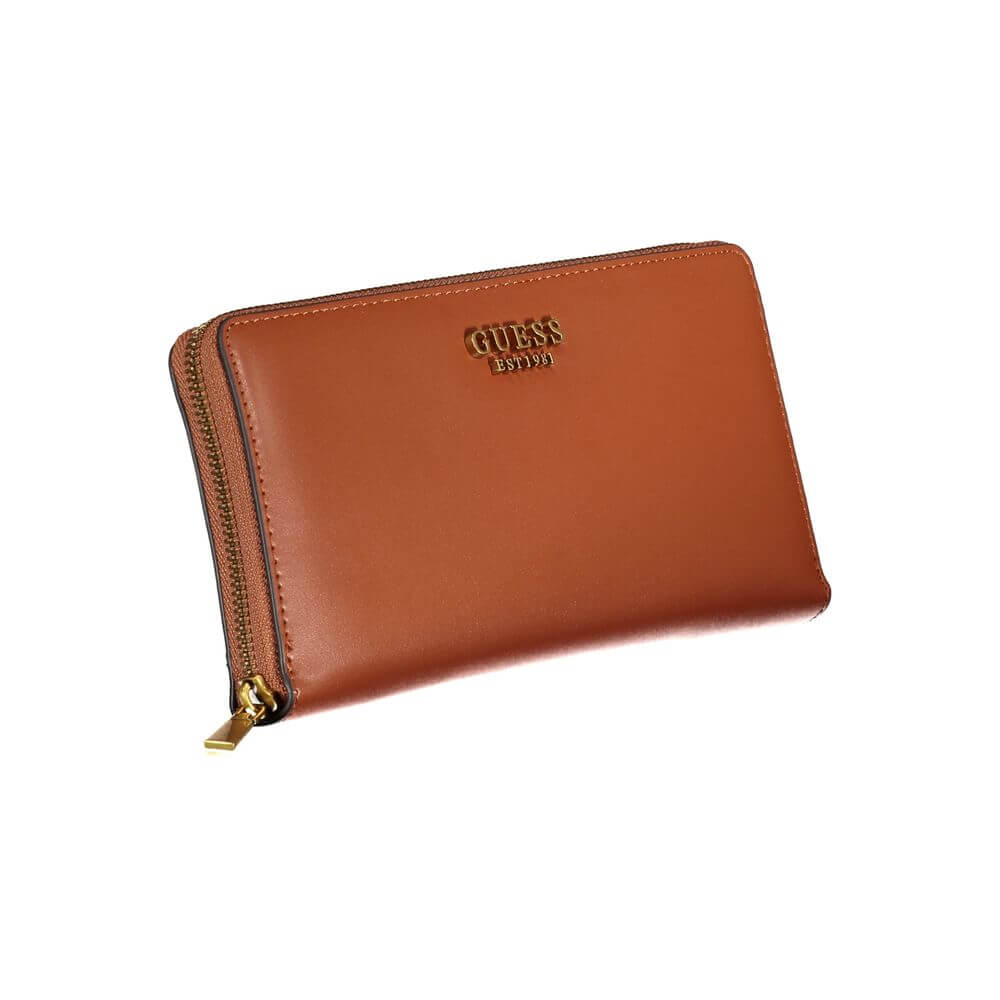 Guess Jeans Elegant Laurel Triple-Compartment Wallet in brown with zip closure and logo, stylish accessory for organized essentials.