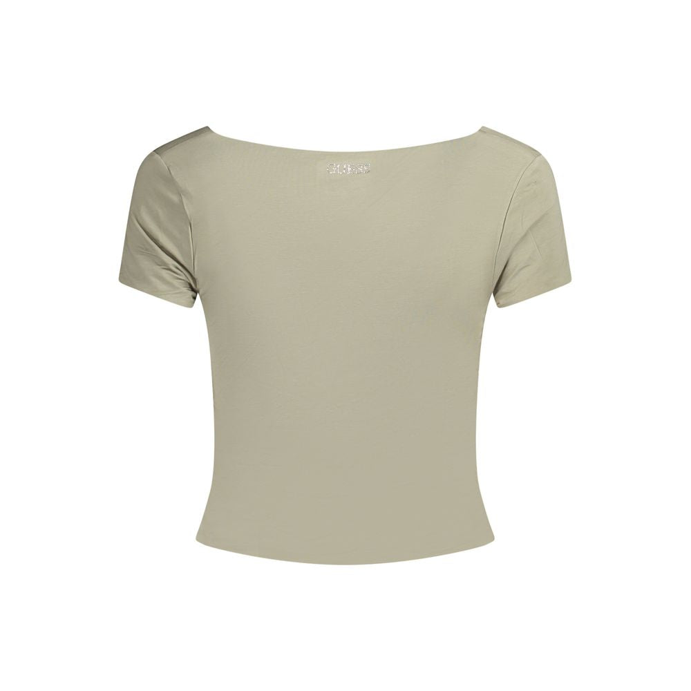 Back view of Guess Jeans Green Modal Women Top with short sleeves and sweet neckline, featuring the iconic Guess logo