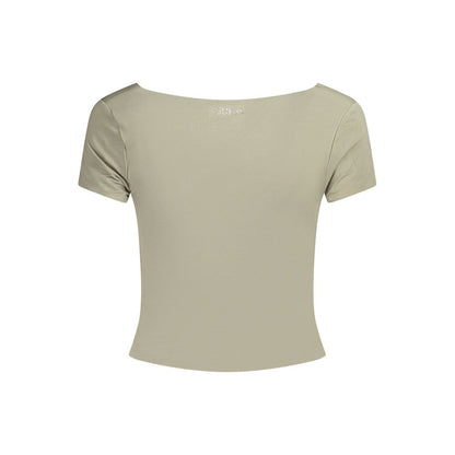 Back view of Guess Jeans Green Modal Women Top with short sleeves and sweet neckline, featuring the iconic Guess logo