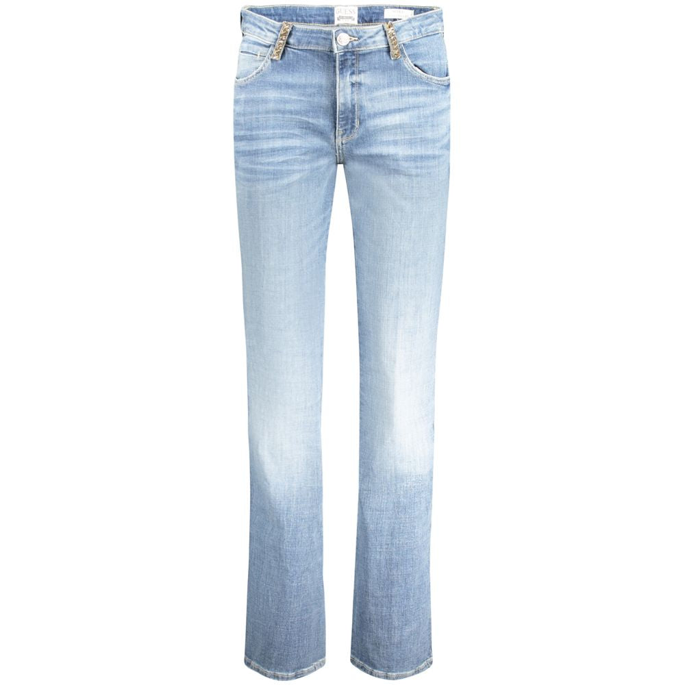 Guess Jeans Light Blue Cotton Women Jeans with vintage faded look and rhinestone embellishments, perfect mid-rise straight cut for comfort.