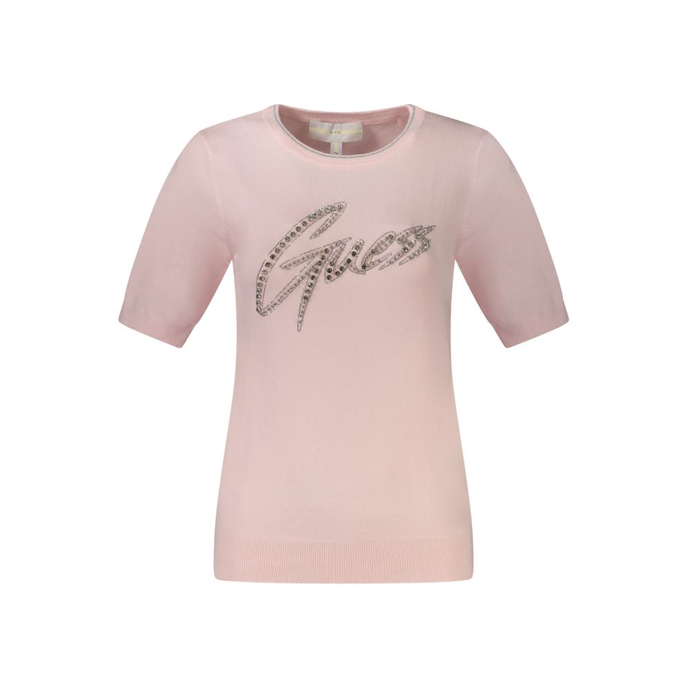Alt Tag: Guess Jeans Pink Viscose Women Sweater with rhinestone logo and short sleeves, perfect for chic and bold fashionistas.