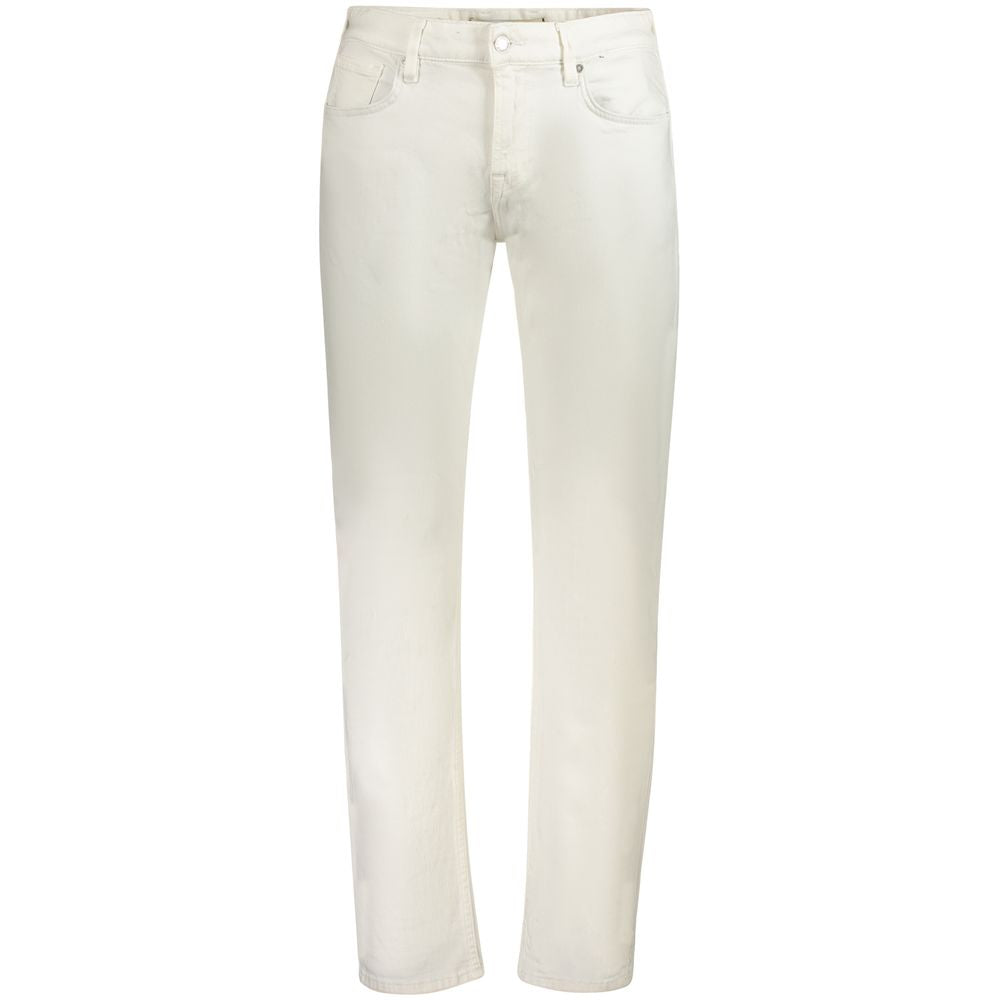 Guess Jeans White Cotton Mens Jeans with classic slim fit, 5-pocket design, button and zip closure, featuring iconic Guess logo.