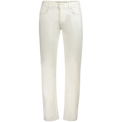 Guess Jeans White Cotton Mens Jeans with classic slim fit, 5-pocket design, button and zip closure, featuring iconic Guess logo.