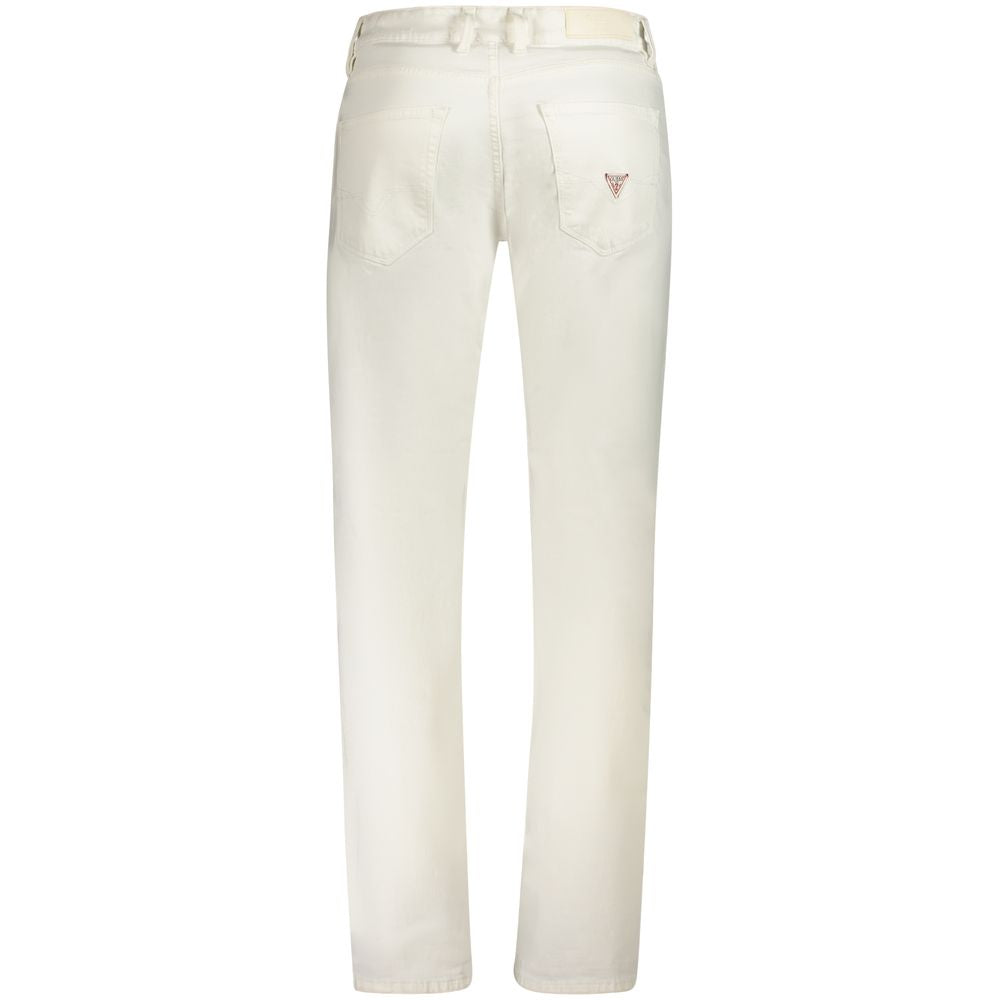 Back view of Guess Jeans White Cotton Mens Jeans with classic 5-pocket design and iconic logo, showcasing timeless slim fit style.