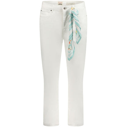Guess Jeans White Cotton Women Skinny Jean with removable scarf detail, high-rise fit, and functional 5-pocket design for elegant style.