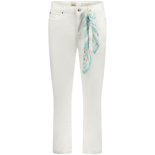 Guess Jeans White Cotton Women Skinny Jean with removable scarf detail, high-rise fit, and functional 5-pocket design for elegant style.