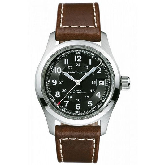 HAMILTON Mod. KHAKI FIELD Automatic wristwatch with stainless steel case and leather strap. Water resistant 5 ATM, sapphire dial, Swiss made.