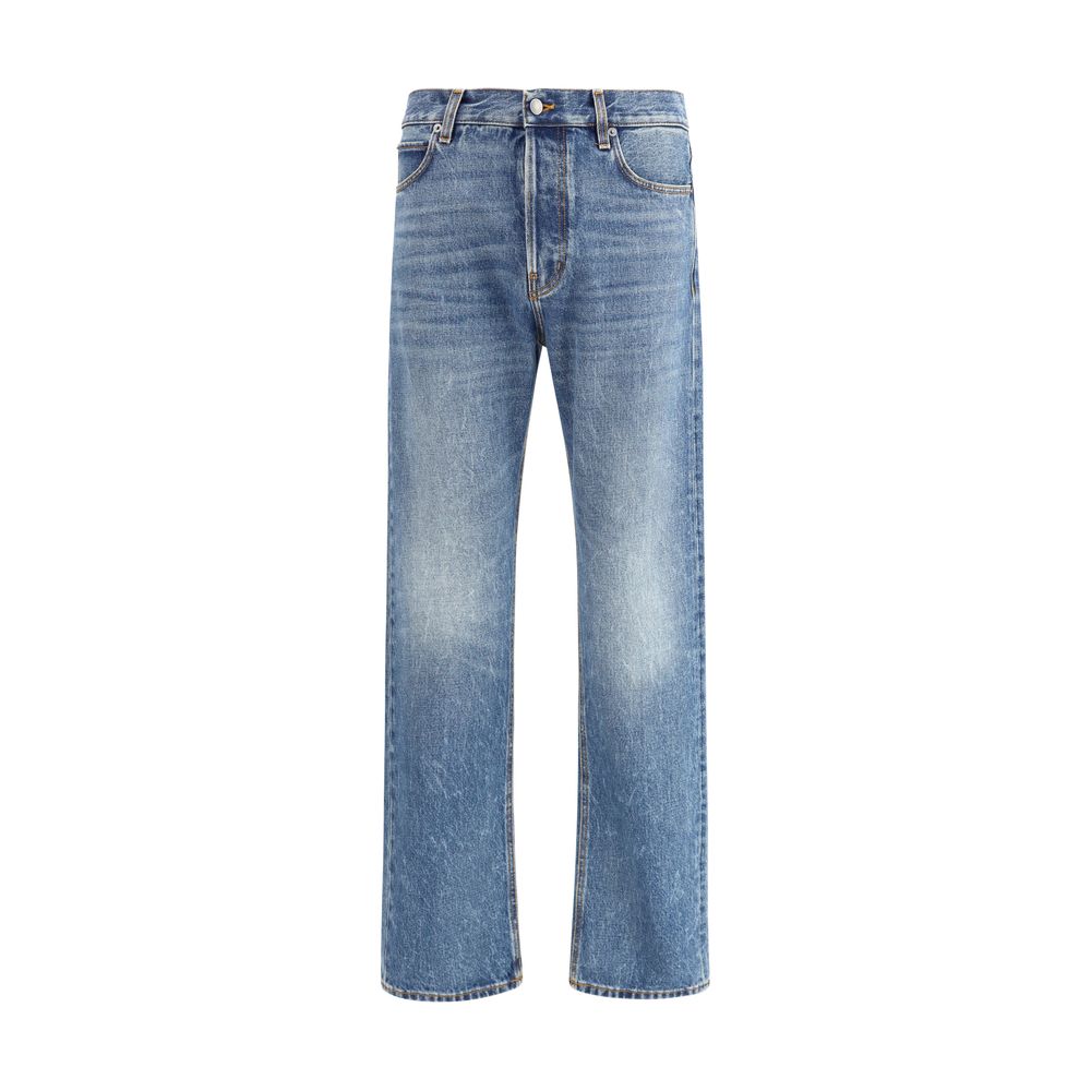 Haikure Blue Cotton Straight-Leg Jeans with vintage effect, five-pocket design, and iconic leather patch detail for fashion-forward style.