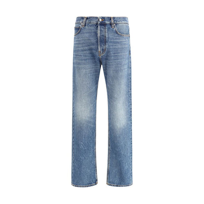 Haikure Blue Cotton Straight-Leg Jeans with vintage effect, five-pocket design, and iconic leather patch detail for fashion-forward style.