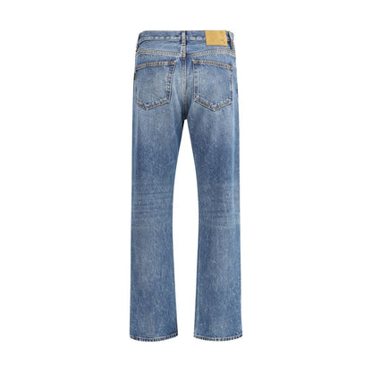 Back view of Haikure Blue Cotton Straight-Leg Jeans with leather patch and vintage effect pattern.