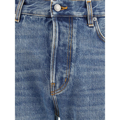 Close-up of Haikure Blue Cotton Straight-Leg Jeans with button closure and belt loops, showing vintage monochrome denim texture.