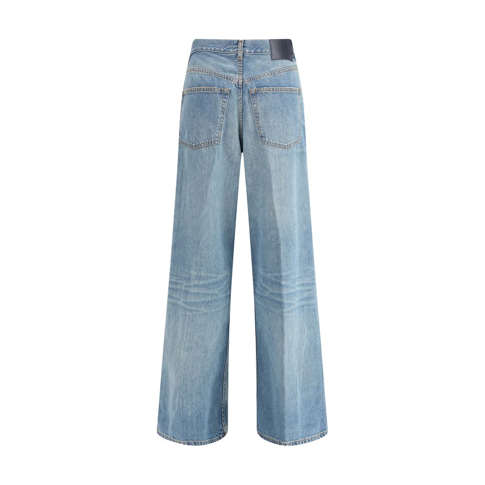 Haikure Light Blue Cotton Jeans Denim featuring wide-leg design, medium waist, five-pocket style, and logoed leather patch.