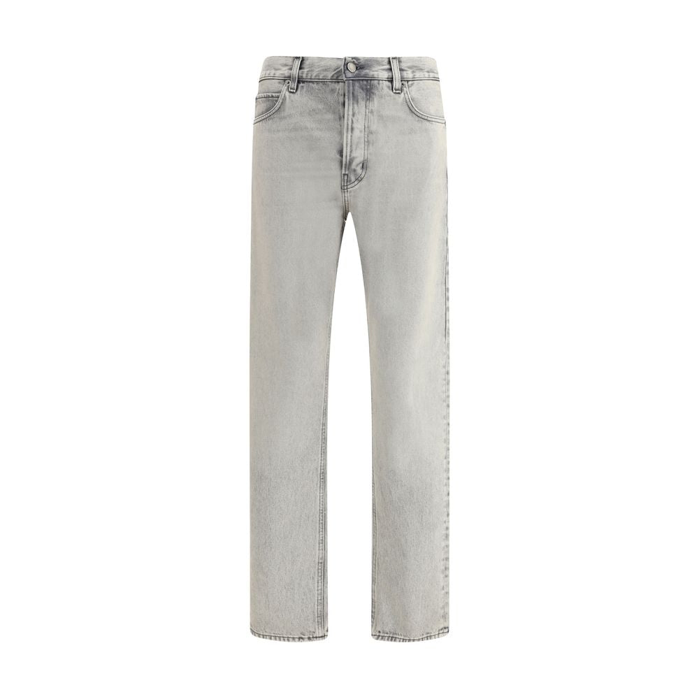 Haikure Light Blue Cotton Straight-Leg Jeans featuring five-pocket design, rivets, custom buttons, and zip closure, 100% cotton.