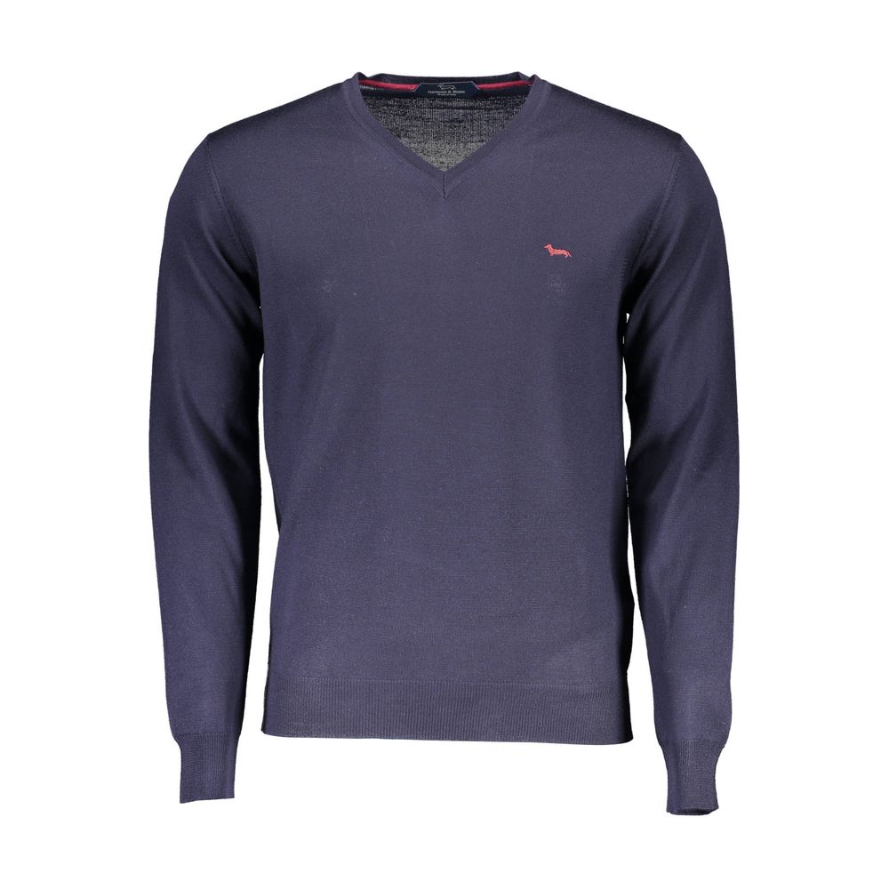 Harmont & Blaine Blue Wool Men Sweater, V-neck, long sleeve, with iconic logo, crafted in Italy for elegance and comfort.