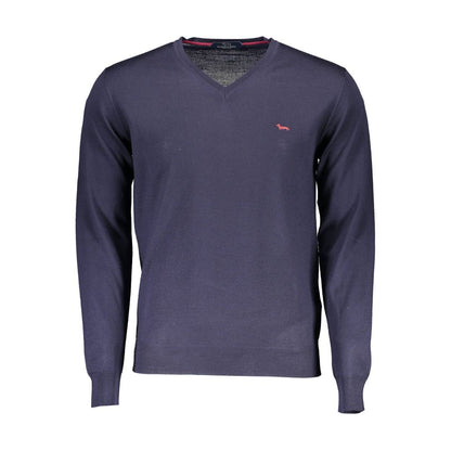 Harmont & Blaine Blue Wool Men Sweater, V-neck, long sleeve, with iconic logo, crafted in Italy for elegance and comfort.