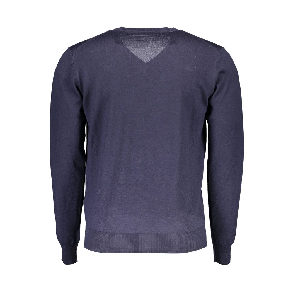 Harmont & Blaine Blue Wool Men Sweater, back view showcasing V-neck design, crafted in Italy for sophisticated style.