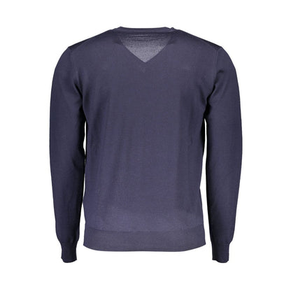 Harmont & Blaine Blue Wool Men Sweater, back view showcasing V-neck design, crafted in Italy for sophisticated style.