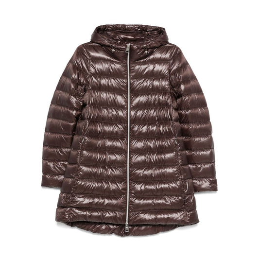 Herno Coats Brown: chocolate brown A-shape midi down jacket with high-shine finish, two-way zip, drawstring hood, and side zip pockets.