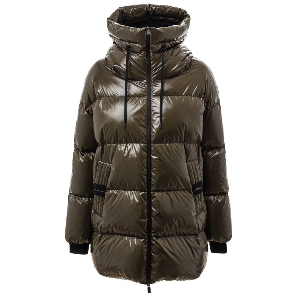 Herno Green Polyamide Parka with hood, zipper closure, and side pockets. Warm, padded, dark green down jacket.