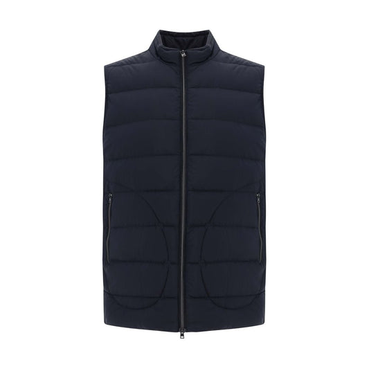 Herno Vest with quilted design, high collar, front zipper, and adjustable waistband, available for AW25, made of 100% polyamide.