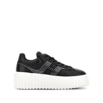 Hogan Pre Hogan H-Stripes black leather sneakers with lace-up fastening, round toe, flatform sole, and rubber outsole.