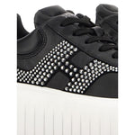 Hogan Pre Hogan H-Stripes black leather sneakers with front lace-up, round toe, flatform sole and rubber outsole.