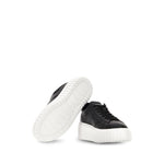 Hogan Pre Hogan H-Stripes black leather sneakers with round toe and flatform sole, featuring rubber outsole for stylish comfort.