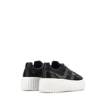 Hogan Pre Hogan H-Stripes black leather sneakers with lace-up fastening, round toe, flatform sole, and rubber outsole.