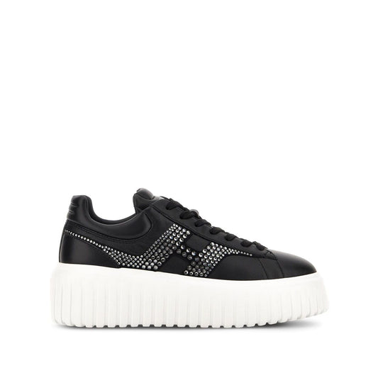 Hogan Pre Hogan H-Stripes black leather sneakers with flatform sole, round toe, and lace-up fastening on white background.