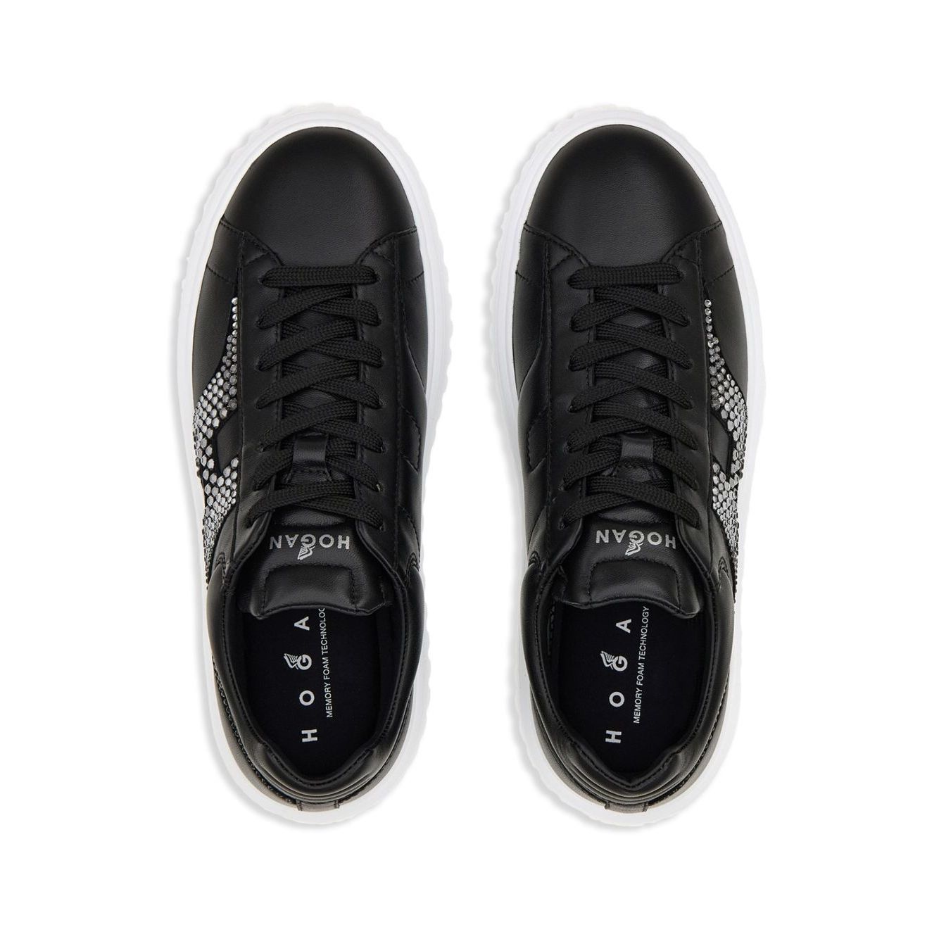 Hogan Pre Hogan H-Stripes black leather sneakers with lace-up fastening, round toe, and flatform sole viewed from above.
