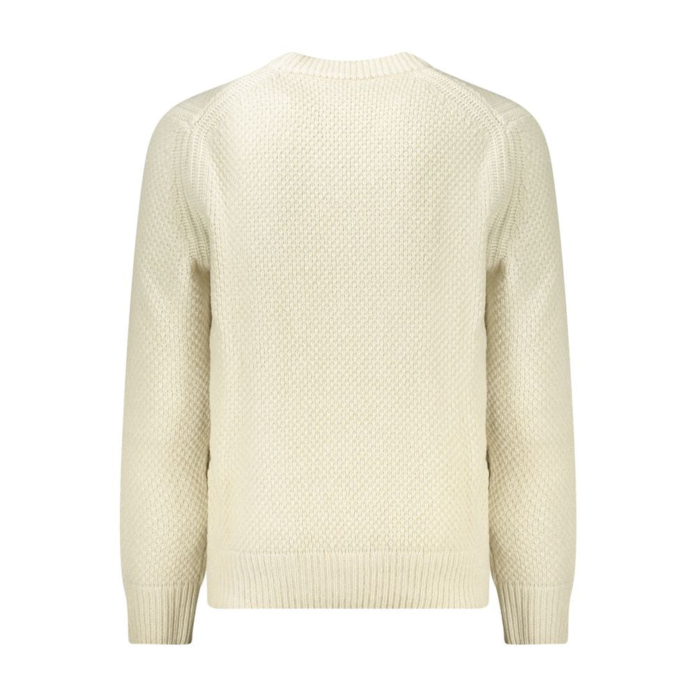 Hugo Boss Beige Wool Men Sweater back view with textured knit detailing and ribbed cuffs, showcasing luxury and style.
