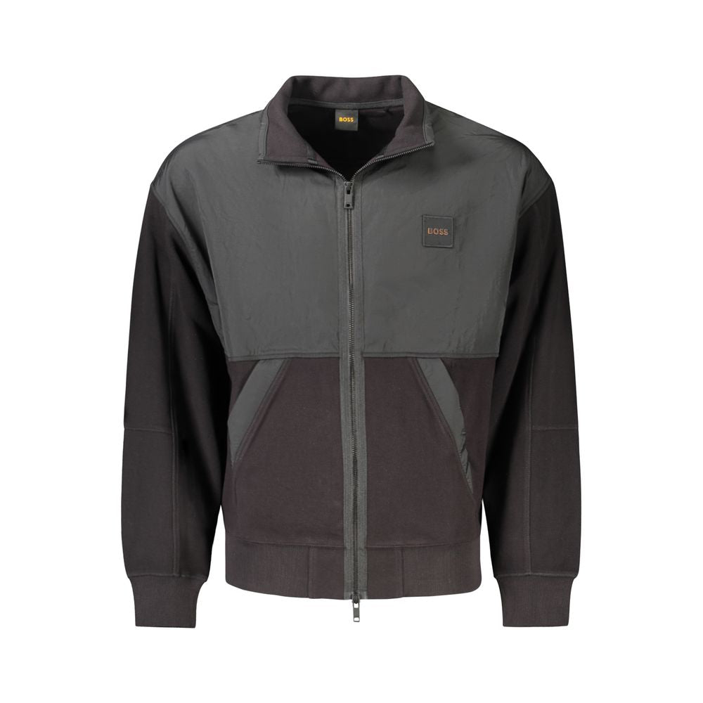 Hugo Boss Black Cotton Men's Jacket with contrasting details, featuring two central pockets and a sleek zip, crafted for bold sophistication.