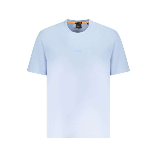 Hugo Boss Blue Cotton Men T-Shirt with crew neck and short sleeves, featuring premium organic cotton and distinctive logo application.