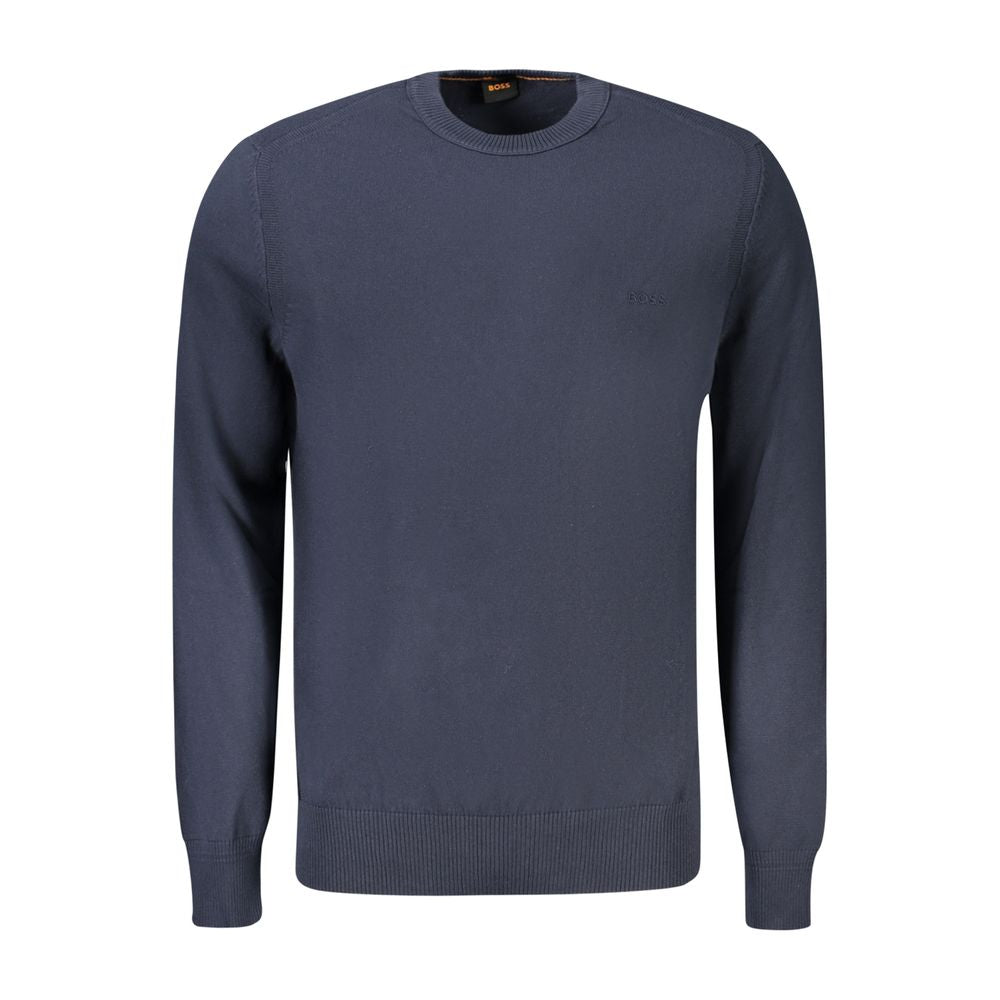 Hugo Boss Blue Cotton Sweater, long-sleeved crew neck with logo embroidery