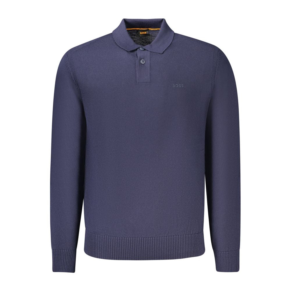 Hugo Boss Blue Wool Mens Sweater in luxury blend with logo embroidery, long-sleeved for warmth and style.