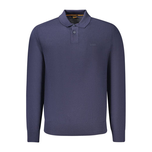Hugo Boss Blue Wool Mens Sweater in luxury blend with logo embroidery, long-sleeved for warmth and style.