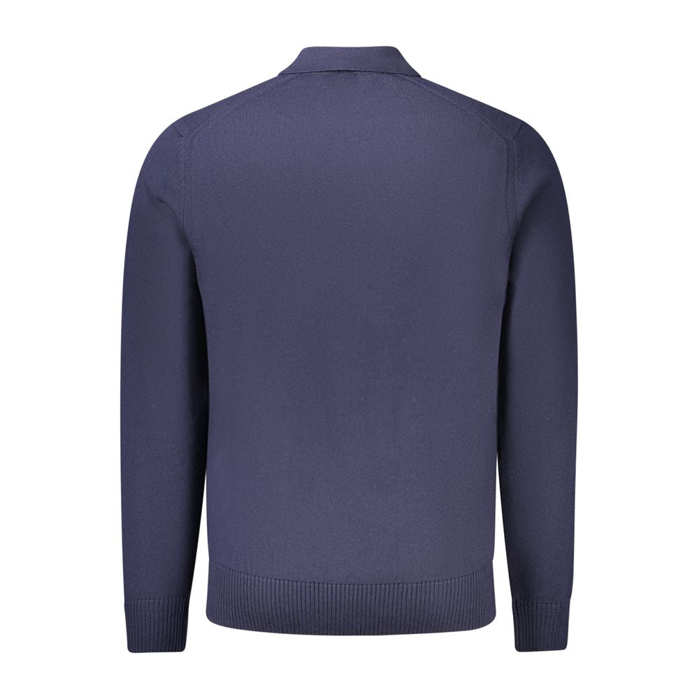 Rear view of Hugo Boss Blue Wool Mens Sweater, featuring long sleeves and luxury wool blend for warmth and comfort.